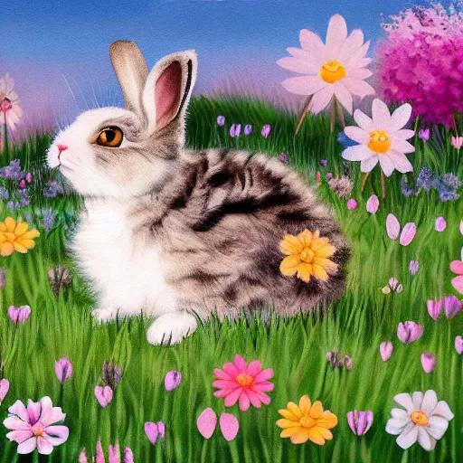 Prompt: hybrid animal mix between cute fluffy tan lop eared bunny rabbit and fluffy grey striped tabby kitten in spring meadow landscape with pond detailed painting 4k