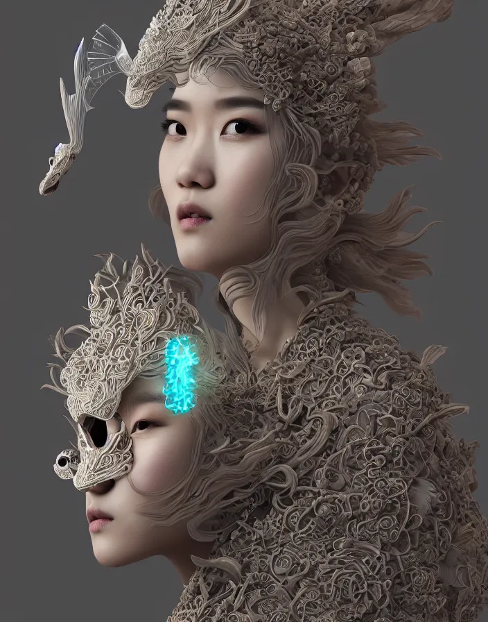 Image similar to 3 d goddess medium shot profile portrait. beautiful intricate highly detailed korean gumiho mask and traditional korean hanbok. stingray, magpie, stingray, magpie, bioluminescent, plasma, lava, ice, water, wind, creature, fog, artwork by tooth wu and wlop and beeple and greg rutkowski, 8 k trending on artstation,
