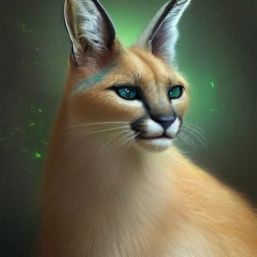 Image similar to portrait of a beautiful cute caracal with glowing blue eyes, dressed in a green top, flowing white hair, detailed face, fantasy, highly detailed, cinematic lighting, digital art painting by greg rutkowski, trending on artstation, very very beautiful, very attractive