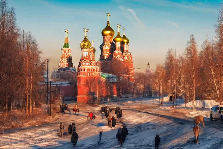 Image similar to real life russia, ultra realistic!!!, clear weather, golden hour, sharp focus