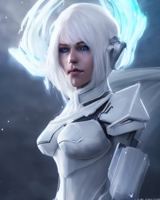 Image similar to perfect white haired girl, warframe armor, beautiful, pretty face, blue eyes, detailed, windy weather, scifi, platform, laboratory, experiment, 4 k, ultra realistic, epic lighting, high detail, masterpiece, by akihito tsukushi, charlie bowater, ross tran