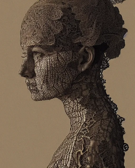 Prompt: a woman's face in profile, made of intricate lace leaf skeleton, in the style of the dutch masters and gregory crewdson, dark and moody