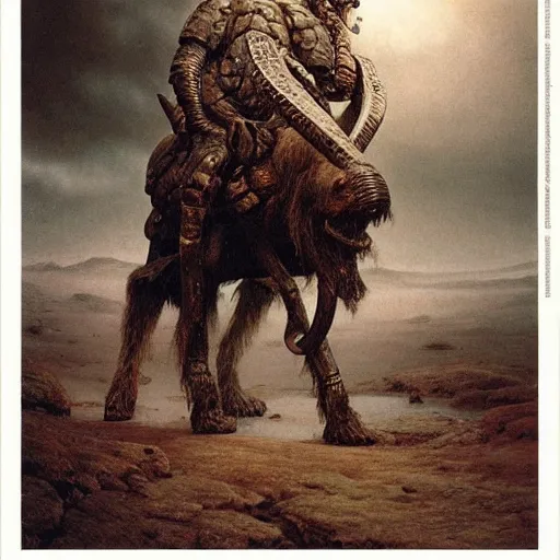 Image similar to ancient norse mammoth rider, wearing norse armor, beksinski