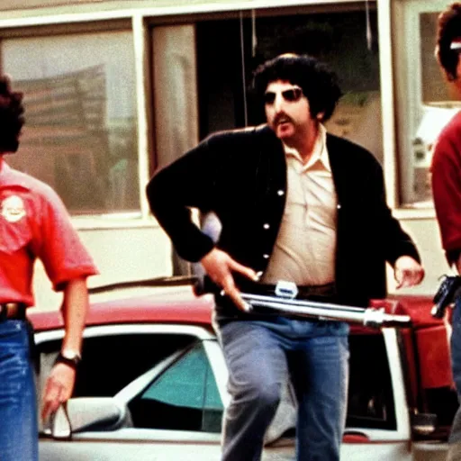 Image similar to comet pizza hostage situation in the style of dog day afternoon cinematic