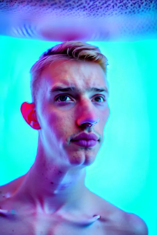 Prompt: high quality pastel coloured film mid angle portrait photograph of a beautiful young 2 0 year old male, soft features, short hair, perspex mask and oversized inflated clothing!!!! icelandic black! rock pool environment. atmospheric three point light. photographic. art directed. ( pastel colours ). volumetric. clearcoat. waves. 8 k. filmic.