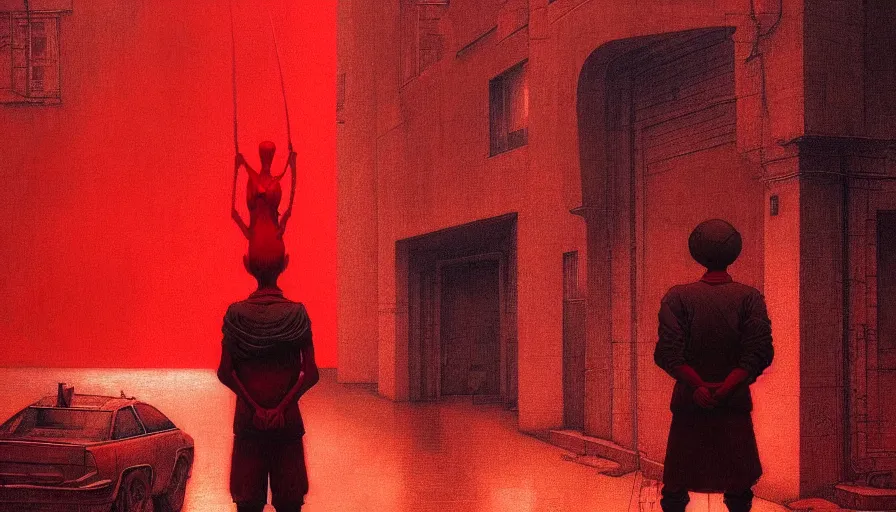 Prompt: only with red, soviet communism city atmosphere with soviet flag, in the style of beksinski and rodcenko and yue minjun and cory loftis, intricate and epic composition, red by caravaggio, highly detailed, masterpiece, red light, artstation, art nouveau