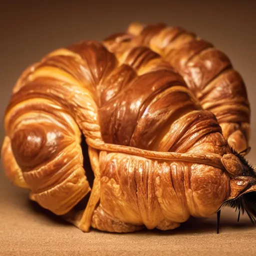 Prompt: a weta made out of croissant, on a mannequin. high quality, high resolution, studio lighting