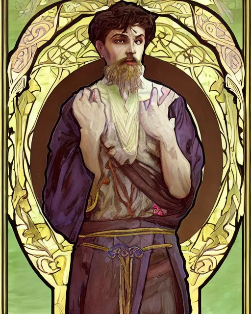 Prompt: an art nouveau painting of a male gnome from dungeons and dragons, wearing flowing robes, beautiful highly detailed, intricate, artstation, by alphonse mucha and james gurney