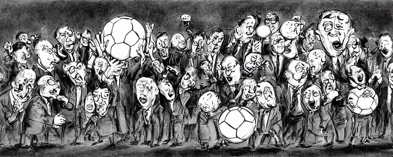 Image similar to a group of politicians awkwardly fumbling a soccer ball with rubber boots on their heads, a black and white political cartoon, ralph steadman