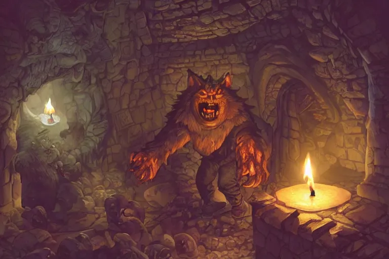 Image similar to point perspective dungeon dangerous fantasy dungeon the chubby werewolf merchant Trinn is selling fuzzy candles,by artgerm and Craig Mullins, James Jean, Andrey Ryabovichev, Mark Simonetti and Peter Morbacher 16k