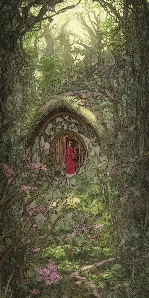 Image similar to an elvish Fairy house in the Woods, fantasy, art nouveau, architecture, daylight, warm light, spring, studio ghibli, Moebius, siya oum, ultra detailed, High definition, Sharp