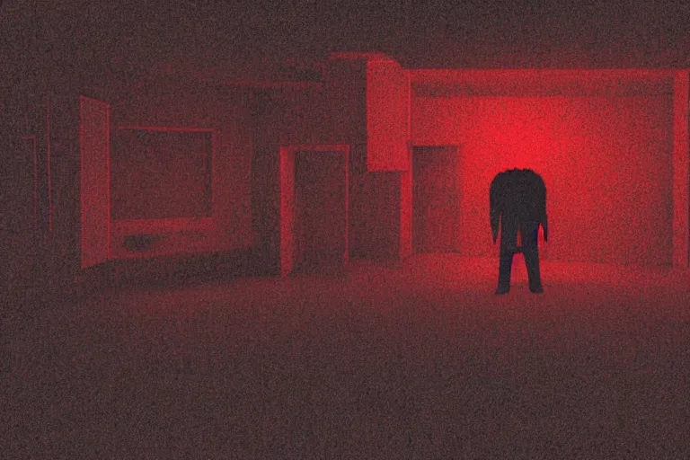 Image similar to cctv footage of an extremely dark empty room with evil horror humanoid cryptid monster made out of static, dark deep black shadows, crimson red and black color contrast in the style of trevor henderson and james ensor goya, liminal space, 3 d render, glitch effect