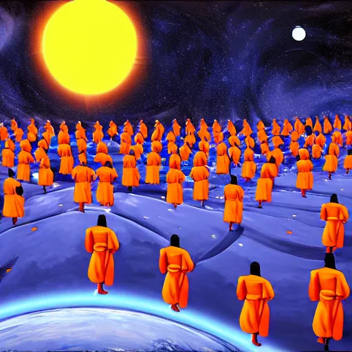 Prompt: crowd of cybermonks praying to supercomputer god in outer world. Huge mountain and planets on the background. digital painting