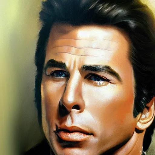 Image similar to ultra realistic portrait painting of john travolta, art by frank frazetta, 4 k, ultra realistic, highly detailed, epic lighting