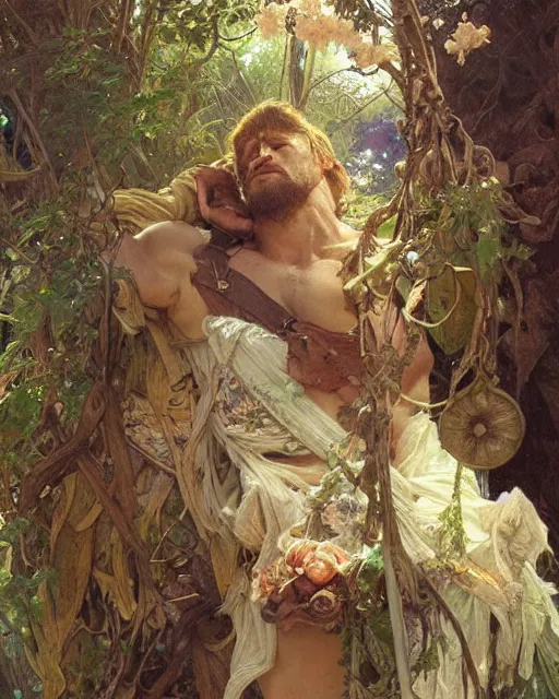 Prompt: god of the forest, 3 0 years old, rugged, male, gorgeous, detailed face, amazing, flowers, muscular, intricate, highly detailed, digital painting, artstation, concept art, sharp focus, illustration, art by gaston bussiere greg rutkowski alphonse mucha