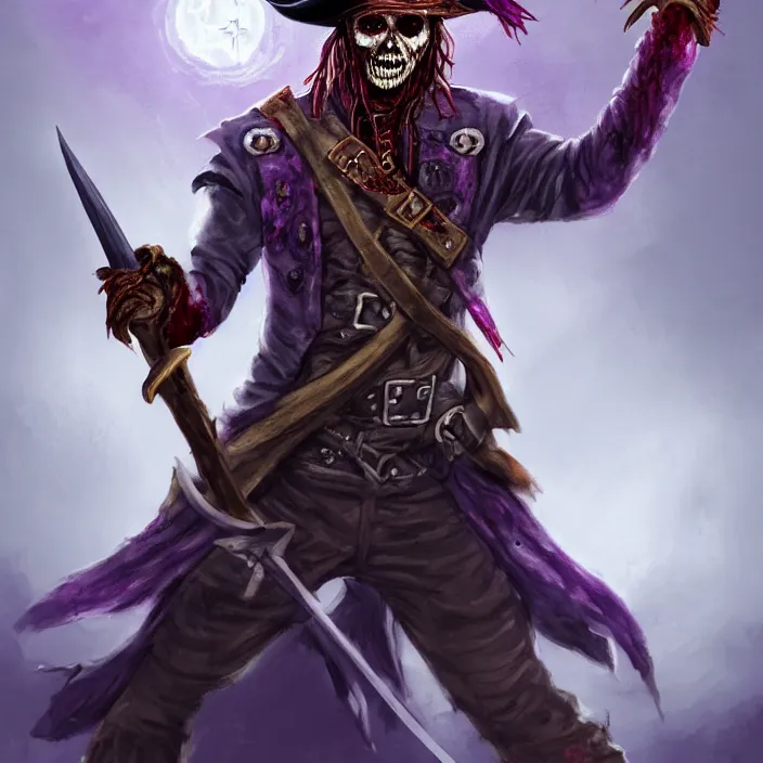 Prompt: Zombie pirate Captain wielding a sandstone rapier and sandstone dagger. Wearing a hat with an impressive feather and with a brutal scar across his neck. Magic, dark, purple lighting, flux. High fantasy, digital painting, HD, 4k, detailed.