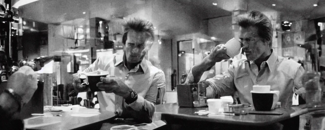 Image similar to the terminator drinking coffee at a restaurant, cinematic composition, anamorphic lens, 1 9 8 0 s, stanley kubrik, kodak film stock