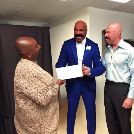 Prompt: white steve harvey meeting black steve harvey and blue steve harvey