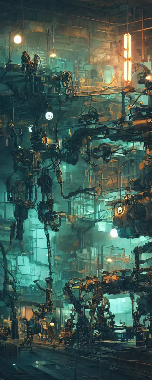 Prompt: realistic dieselpunk robot repair workshop, a large, partially - assembled android hangs in a neon glow, volumetric lighting, strong shadows, tiny robot engineers work, reflections, high contrast, glowing robot motifs, octane render, loish, syd mead, cinematic