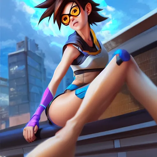 Prompt: digital artwork of tracer sitting on a rooftop, in the style of artgerm, detailed face, expressive face, feminine face, detailed eyes, arstation, 4 k,