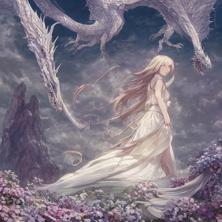 Image similar to the beautiful hyper detailed scene render that a lonely beautiful girl lies in the arms of a huge silver white dragon alone in fairyland surrounded by white clouds, finely detailed angelic face delicate, style of studio ghibli, makoto shinkai, raphael lacoste, louis comfort tiffany, artgerm, james jean, ross tran, animation style, hd, ultra wide angle