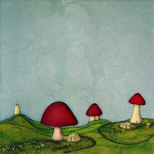 Prompt: “a fairytale landscape with mushroom houses, in the style of John Bauer and wimmelbilder”