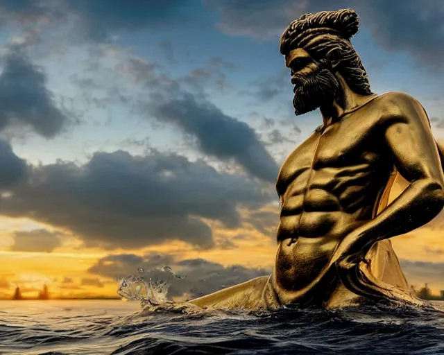 Prompt: a giant abstract sculpture of a legendary greek warrior god on the water, in the style of thomas schutte, award winning, cinematic, hyper - realistic, very detailed, realistic water splashes, ray tracing, 8 k resolution, long - shot, sharp focus, low angle, 8 5 mm photograph, wide lens