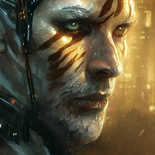 Image similar to man with the face of a Tiger blind at one eye in blade runner, D&D, fantasy, intricate, elegant, highly detailed, digital painting, artstation, concept art, smooth, sharp focus, illustration, art by artgerm and greg rutkowski and alphonse mucha