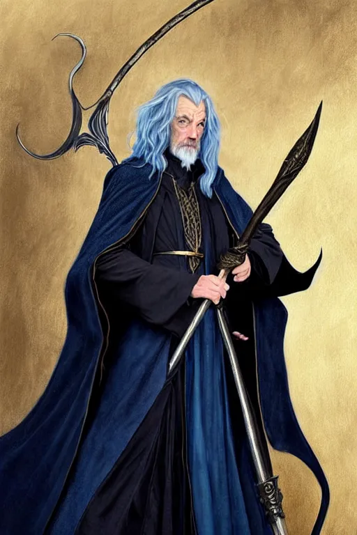 Image similar to handsome mage holding gandalf's staff, long black hair blue eyes wearing leather mantle gothic navy cloak with gold details, castle town, fantasy character portrait, ultra realistic, intricate, elegant, highly detailed, digital painting, artstaion, smooth, sharp, focus, illustration, art by artgerm and greg rutkowski and alphonse mucha