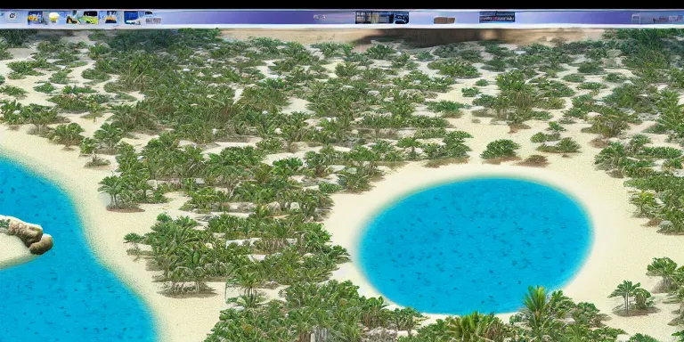 Prompt: A desert island paradise in 2000s 3D, crystal clear sea, screenshot