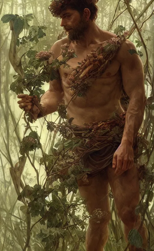 Image similar to god of the forest, rugged, handsome, male, detailed face, clean lines, atmospheric lighting, amazing, full body, thighs, flowers, muscular, intricate, highly detailed, digital painting, deviantart, concept art, sharp focus, illustration, art by greg rutkowski and alphonse mucha