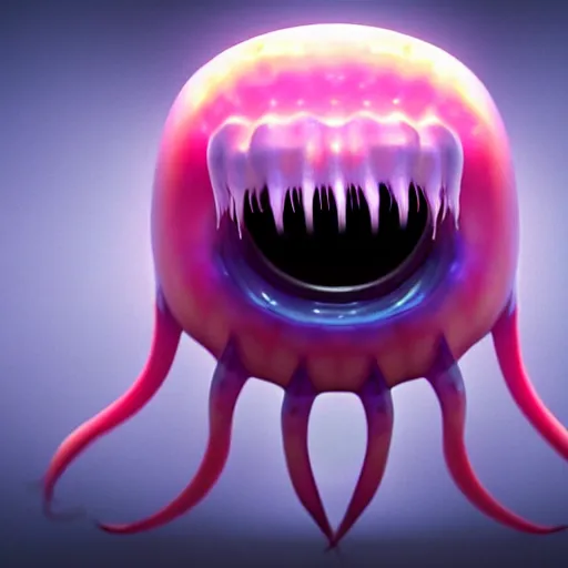 Image similar to a beautiful extreme wide uncropped full body photograph of an entire super cute jellyfish monster with huge sad eyes and sharp fangs in a wide open mouth, highly detailed, smooth, very very clean, 8 k, cinematic movie photograph, cinematic lighting, octane render, zbrush central contest winner, 3 d maya render