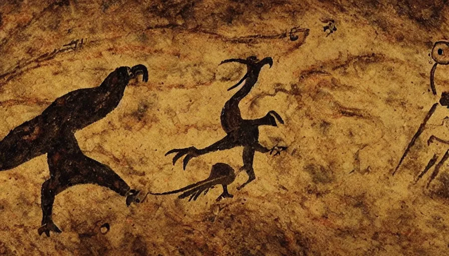 Prompt: neolithic cave painting of one eyed creatures called patapons fighting a giant bird, 4 k, history channel, psp, japan studio game, art by rolito, high quality