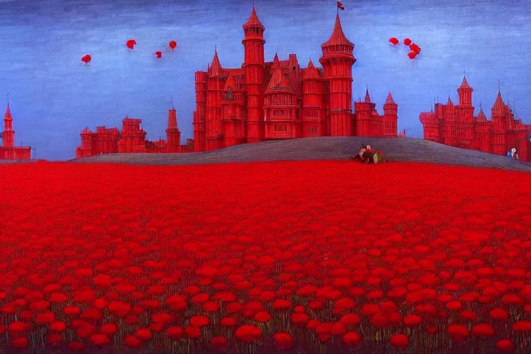 Image similar to only with red, red flowers of different types, red castle in background, red medieval big goblins, in the style of beksinski, parts by edward hopper, parts by rodcenko, parts by yue minjun, intricate and epic composition, red by caravaggio, insanely quality, highly detailed, masterpiece, red light, artstation, 4 k