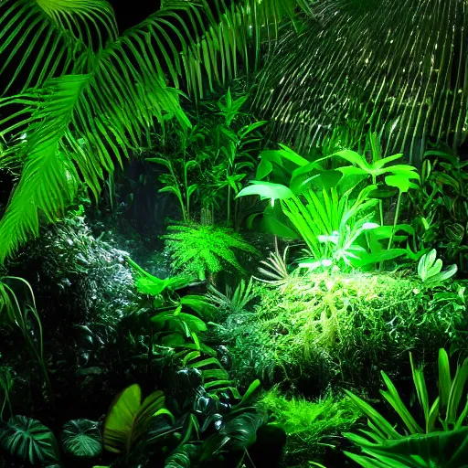 Prompt: « detailed, low luminosity jungle, far view, luminescent plants »