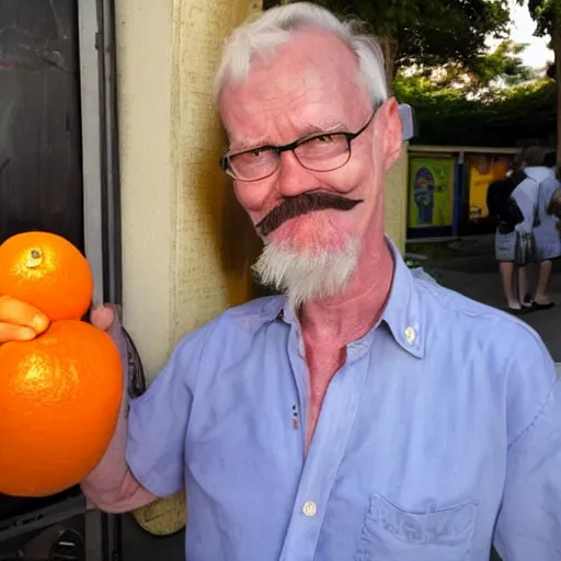 Image similar to hugh hopper with a handlebar moustache holding a great big orange and a diet pepsi sitting on a street corner