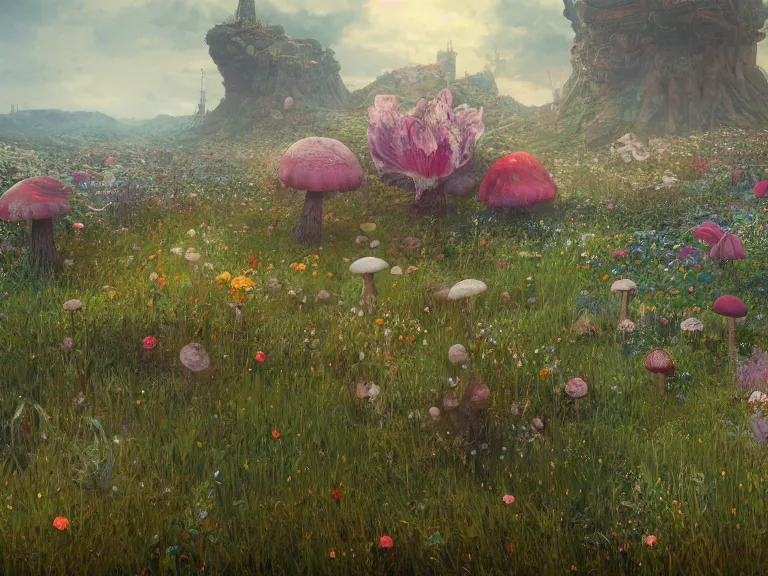 Prompt: the wasteland filled with giant flowers and mushrooms, au naturel, hyper detailed, digital art, trending in artstation, cinematic lighting, studio quality, smooth render, unreal engine 5 rendered, octane rendered, art style by klimt and nixeu and ian sprigger and wlop and krenz cushart