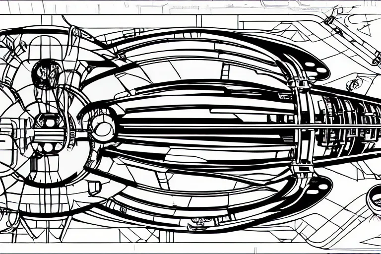 Prompt: Futuristic Neo Solar punk Space ship schematics, Leonardo DaVinci , Line art, Technical drawing, Spaceship parts manufacturing blueprints.