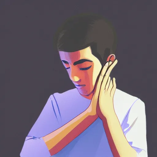 Image similar to a male teenager praying for a divine smartphone in front of him, digital art