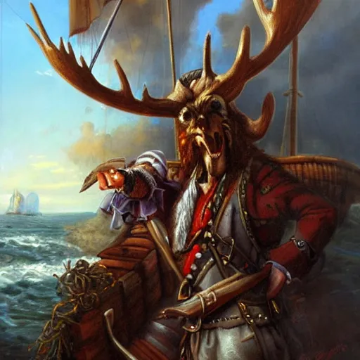 Image similar to anthropomorphic moose pirate humanoid by johan grenier, pirate ship, sea, fantasy