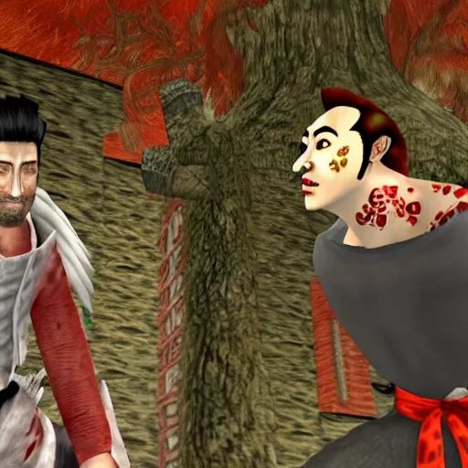 Image similar to Screenshot of the Markiplier character in the Playstation 2 game Okami. HDR, 4k, 8k, Okami being petted by Markiplier, who is looking at the camera.