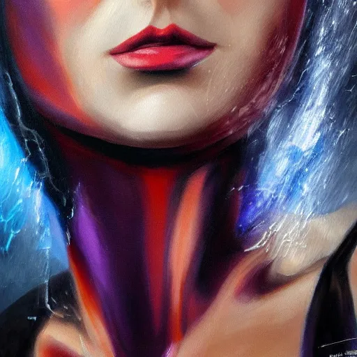 Image similar to mystique from the xmen, 8 k, realistic, oil painting, high detail, pretty face,