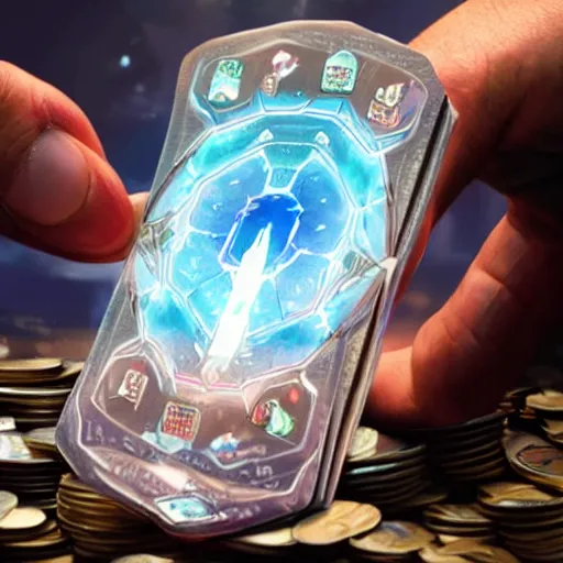 Image similar to An open hand holding a holographic stack of coins, Android Netrunner
