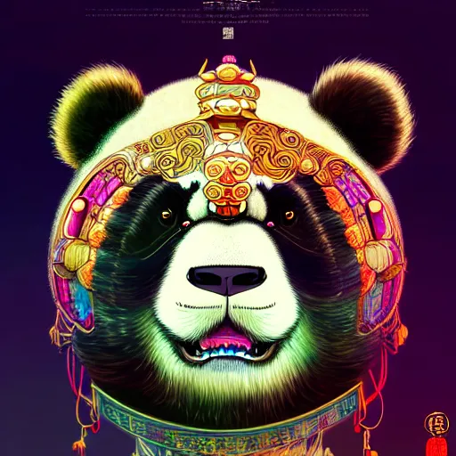 Image similar to a beautiful hyperdetailed character design 4 k wallpaper illustration of a cute panda with a chinese lion dance head victo ngai cyberpunk style, from china, style of studio ghibli, makoto shinkai, raphael lacoste, louis comfort tiffany, artgerm, james jean, ross tran, chinese style