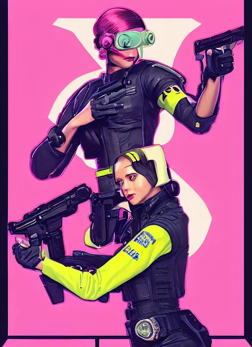 Image similar to cyberpunk female police trooper wearing pink jumpsuit and pointing a yellow belt fed pistol. advertisement for pistol. cyberpunk ad poster by james gurney, azamat khairov, and alphonso mucha. artstationhq. painting with vivid color, cell shading. buy now! ( rb 6 s, cyberpunk 2 0 7 7 )