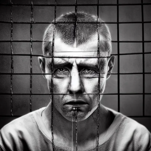 Image similar to sad prisoner holding ipad, prison cell, photorealistic, frustrated expression, dark, hopeless, gloomy