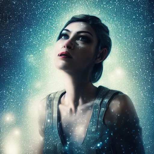 Prompt: woman portrait made out of galaxies, beautiful, cyborg, cinematic comic book art, realistic, highly detailed, octane render