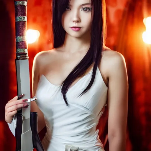 Prompt: dslr photo of beautiful erza scarlet wearing a elegant dress, standing holding a katana that is very detailed, portrait photo, real photo, real camera, extreme detailed face and body, high quality, moody lighting, fast paced lines, sharp quality, enchanting lighting, 8 k