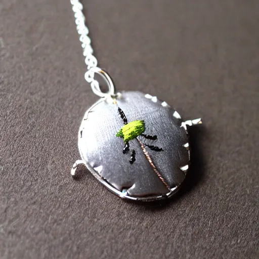 Prompt: silver embroidered necklace in the shape of a ladybug on a leaf, photo, artstation