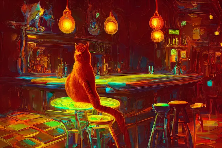 Image similar to a digital art of close up of a cat sits on a chair in a bar, animal, light effect, highly detailed, by anton fadeev